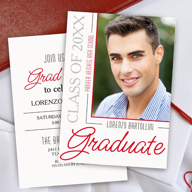 Invitación Moderno Mínimo 1 Foto Graduación en Blanco y Rojo (Modern Crimson Red Grad Party Graduation Announcement Invitation with One Photo)