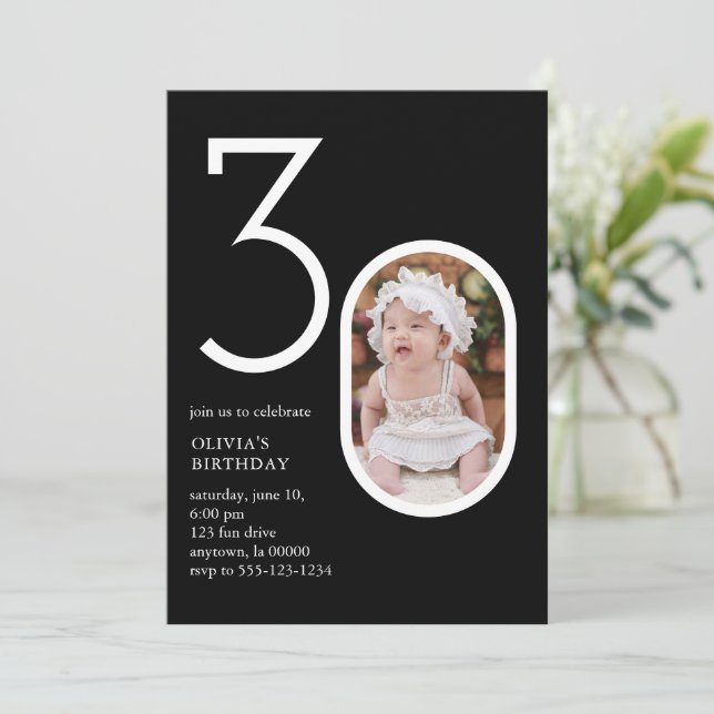 Invitación Moderno Mínimo 30 cumpleaños Fiesta Moda negro (Anverso de pie)
