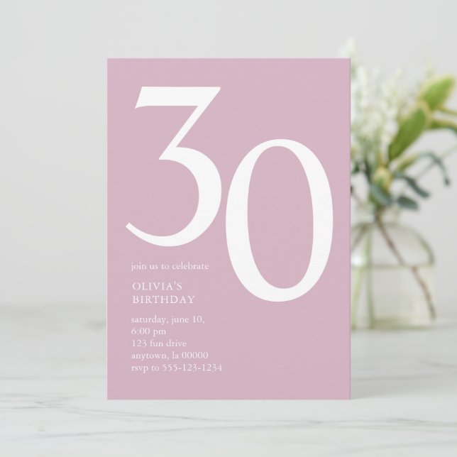 Invitación Moderno Mínimo 30 Fiesta de cumpleaños Rosa (Anverso de pie)