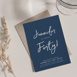 Invitación Moderno Mínimo 40 Nacimiento Script Navy Azul