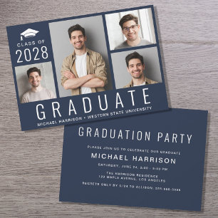 Invitación Moderno Mínimo 4 Foto Partido de Graduación Azul