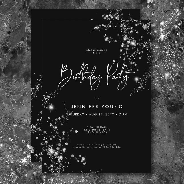 Invitación Moderno Mínimo Blanco Glam Diamantes Cumpleaños (Modern Minimal Black White Glam Diamonds Birthday Invitation)