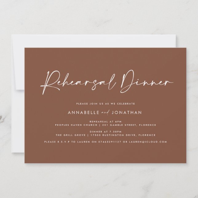 Invitación Moderno Mínimo Boda marrón ensayo Cena (Anverso)
