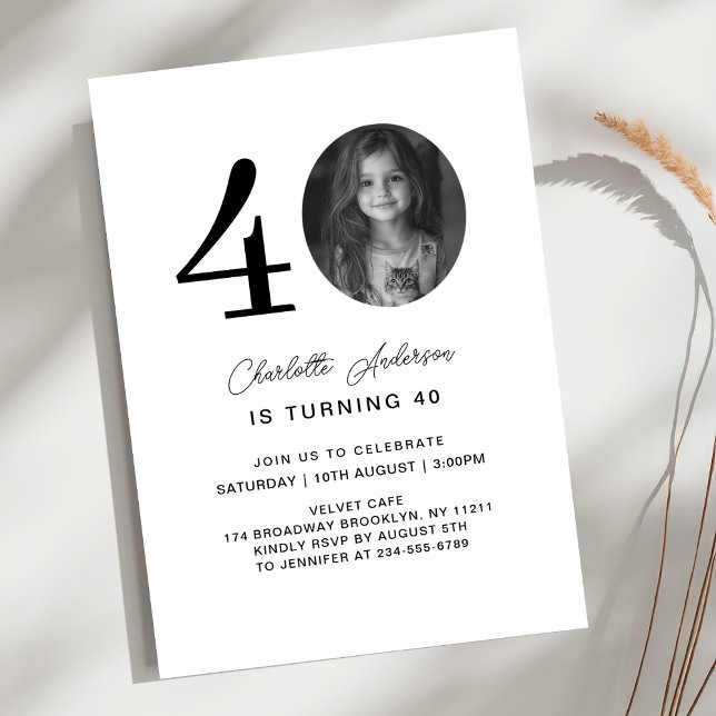 Invitación Moderno, Mínimo, Foto, 40. Cumpleaños (Modern, minimal 40. Photo, Script Font, White, Birthday Invitation.)
