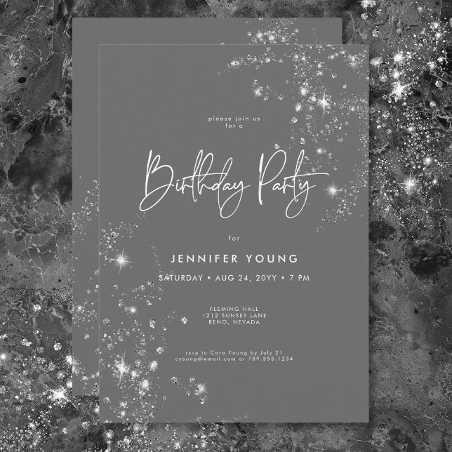 Invitación Moderno Mínimo Gris y Diamantes de Glam Blanco Cum (Modern Minimal Gray & White Glam Diamonds Birthday Invitation)