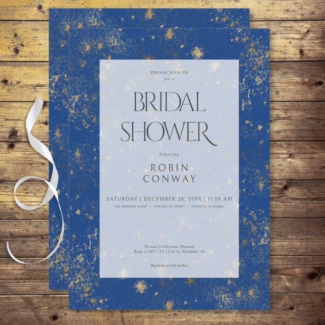 Invitación Moderno Mínimo Marsella Azul y Dorada Ducha de Nov (Modern Minimal Marseille Blue & Gold Bridal Shower Invitation)