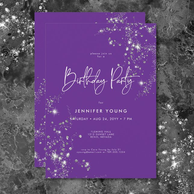 Invitación Moderno Mínimo Morado Glam Blanco Diamantes Cumple (Modern Minimal Purple White Glam Diamonds Birthday Invitation)