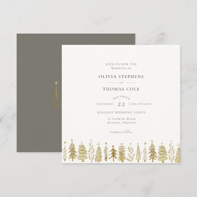 Invitación Moderno Mínimo Oro Navidad Árboles Boda de Inviern (Anverso / Reverso)