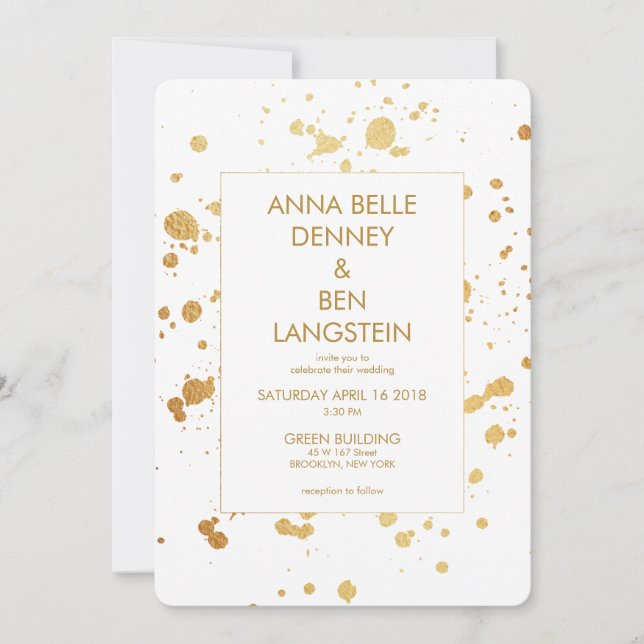 Invitación Moderno Mínimo Paint Gold Splatter Elegante Boda (Anverso)