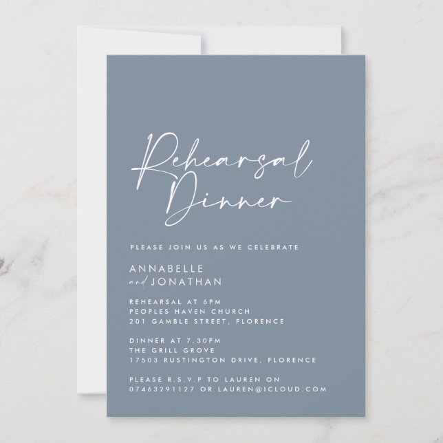 Invitación Moderno Mínimo polvoriento Boda azul ensayo Cena (Anverso)