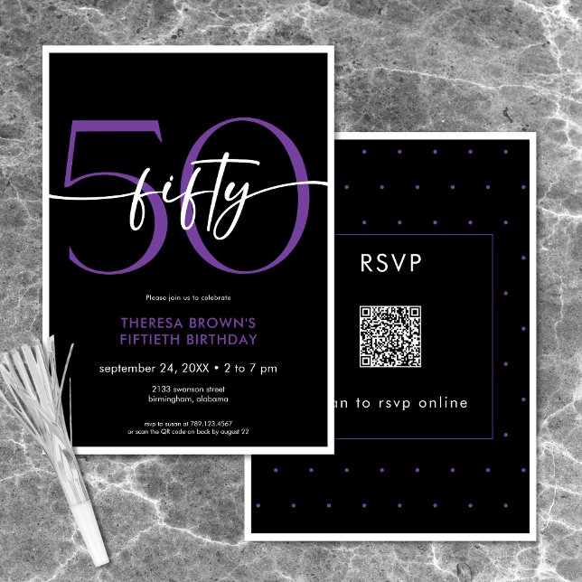 Invitación Moderno Mínimo Púrpura Cincuenta Script Cumpleaños (Modern Minimal Purple Fifty Script Birthday QR Invitation)
