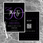 Invitación Moderno Mínimo Púrpura Treinta Guión Cumpleaños QR<br><div class="desc">Moderna y moda, esta invitación de cumpleaños combina blanco y negro clásico con acentos de violeta brillante. Su diseño mínimo es un diseño simple y divertido para celebrar el cumpleaños del hito. La parte posterior contiene un área para un código QR para la respuesta RSVP. Creado por Simply Farmhouse Press....</div>