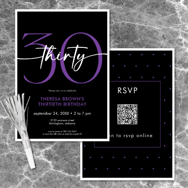 Invitación Moderno Mínimo Púrpura Treinta Guión Cumpleaños QR (Modern Minimal Purple Thirty Script Birthday QR Invitation)