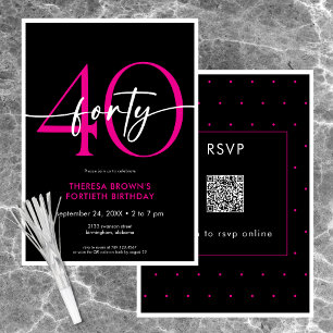 Invitación Moderno Mínimo Rosa 40 Script Cumpleaños QR