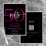 Invitación Moderno Mínimo Rosa Cincuenta Guiones Cumpleaños Q<br><div class="desc">Moderna y moda, esta invitación de cumpleaños combina blanco y negro clásico con acentos de rosa brillante. Su diseño mínimo es un diseño simple y divertido para celebrar el cumpleaños del hito. La parte posterior contiene un área para un código QR para la respuesta RSVP. Creado por Simply Farmhouse Press....</div>