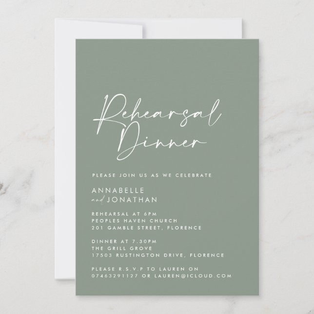 Invitación Moderno Mínimo Sage verde Boda Ensayo Cena (Anverso)