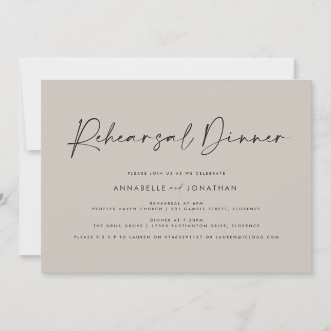 Invitación Moderno Mínimo simple Boda ensayo Cena (Anverso)