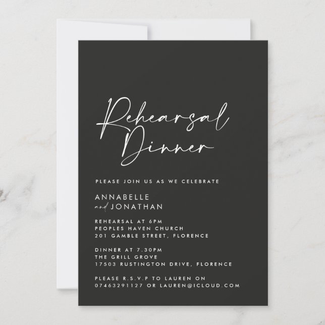 Invitación Moderno Mínimo simple Boda ensayo Cena (Anverso)