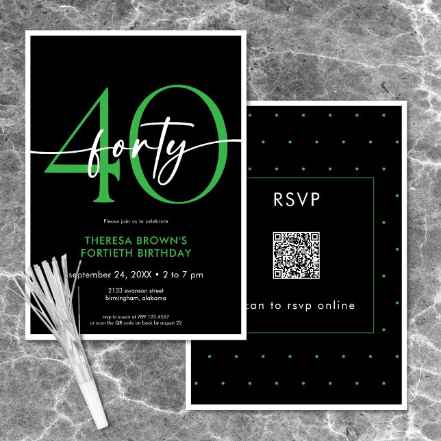 Invitación Moderno Mínimo Verde 40 Script Cumpleaños QR (Modern Minimal Green Forty Script Birthday QR Invitation)