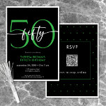 Invitación Moderno Mínimo Verde Cincuenta Guiones Cumpleaños<br><div class="desc">Moderna y moda, esta invitación de cumpleaños combina el blanco y el negro clásico con acentos de verde luminoso. Su diseño mínimo es un diseño simple y divertido para celebrar el cumpleaños del hito. La parte posterior contiene un área para un código QR para la respuesta RSVP. Creado por Simply...</div>
