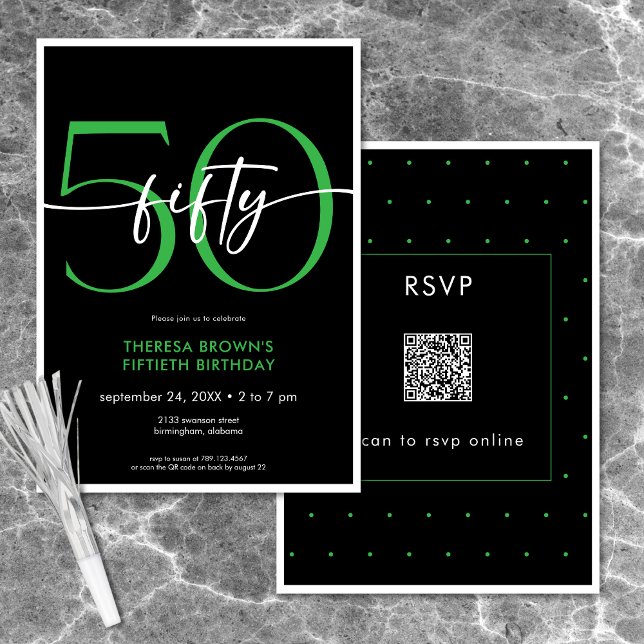 Invitación Moderno Mínimo Verde Cincuenta Guiones Cumpleaños  (Modern Minimal Green Fifty Script Birthday QR Invitation)