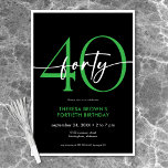 Invitación Moderno Mínimo Verde Cuarenta Guiones Cumpleaños<br><div class="desc">Moderna y moda, esta invitación de cumpleaños combina el blanco y el negro clásico con acentos de verde luminoso. Su diseño mínimo es un diseño simple y divertido para celebrar el cumpleaños del hito. La parte de atrás es un simple patrón de puntos de polka. Creado por Simply Farmhouse Press....</div>