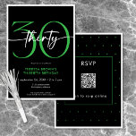 Invitación Moderno Mínimo Verde Treinta Guión Cumpleaños QR<br><div class="desc">Moderna y moda, esta invitación de cumpleaños combina blanco y negro clásico con acentos de verde brillante. Su diseño mínimo es un diseño simple y divertido para celebrar el cumpleaños del hito. La parte posterior contiene un área para un código QR para la respuesta RSVP. Creado por Simply Farmhouse Press....</div>