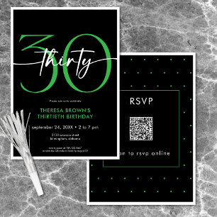 Invitación Moderno Mínimo Verde Treinta Guión Cumpleaños QR