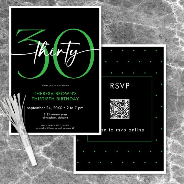 Invitación Moderno Mínimo Verde Treinta Guión Cumpleaños QR (Modern Minimal Green Thirty Script Birthday QR Invitation)