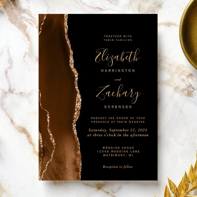 Invitación Moderno Mocha Brown Gold Agate Dark Boda (Subido por el creador)
