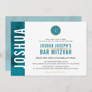 Invitación MODERNO MONOGRAM BAR MITZVAH bar lateral verde azu