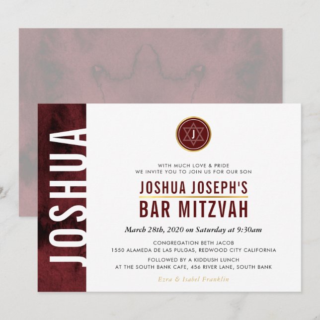 Invitación MODERNO MONOGRAM BAR MITZVAH barra lateral marrón  (Anverso / Reverso)