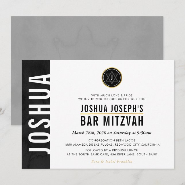 Invitación MODERNO MONOGRAM BAR MITZVAH barra lateral oro neg (Anverso / Reverso)