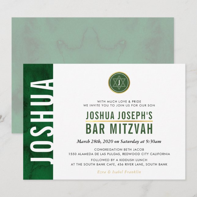 Invitación MODERNO MONOGRAM BAR MITZVAH barra lateral oro ver (Anverso / Reverso)