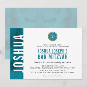 Invitación MODERNO MONOGRAM BAR MITZVAH barra lateral verde a