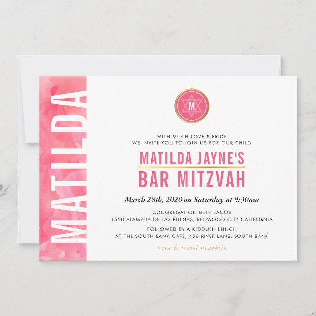 Invitación MODERNO MONOGRAM BAT MITZVAH barra lateral oro ros (Anverso)