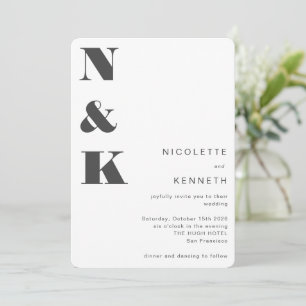 Invitación Moderno Monograma Blanco Negro Negrita Boda elegan