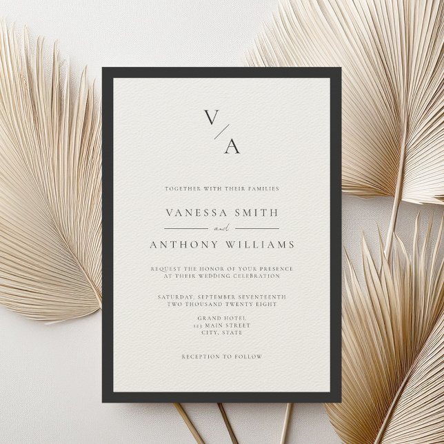 Invitación Moderno Monograma Boda de borde negro y crudo (Subido por el creador)