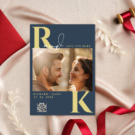 Invitación Moderno Monograma Brillante Negrita Fotos Azules d