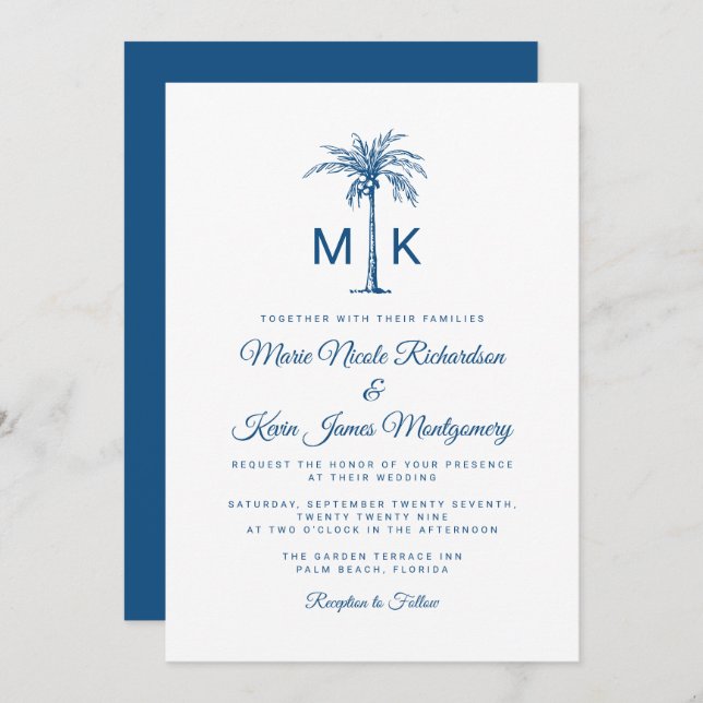 Invitación Moderno Monograma Palm Tree Formal Boda de Playa (Anverso / Reverso)