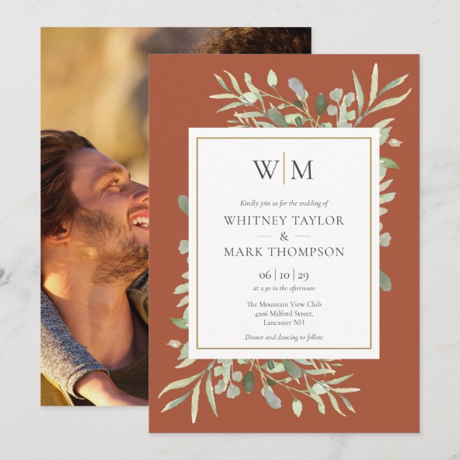 Invitación Moderno Monograma Terracotta Greenery Boda de foto (Anverso / Reverso)