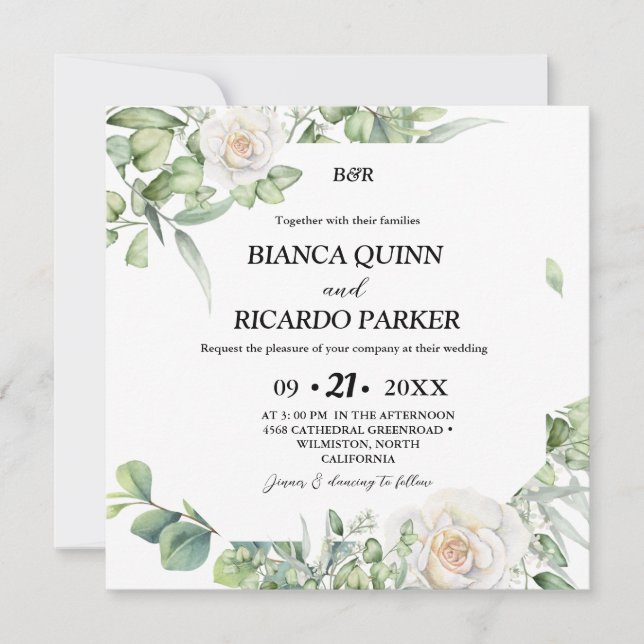 Invitación Moderno Monograma verde eucalipto Boda cuadrado (Anverso)