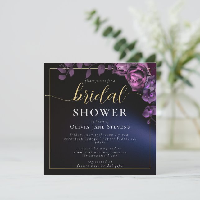 Invitación Moderno Moody Black Darple Purple Frame Bridal Sho (Anverso de pie)