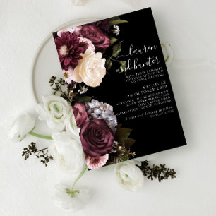 Invitación Moderno Moody Burgundy Script Boda Floral I