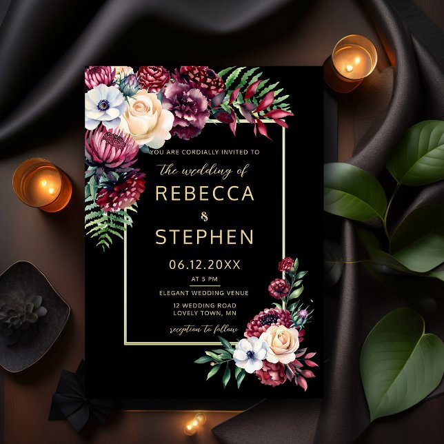Invitación Moderno Moody Dark Burgundy Elegante Boda Negro (Subido por el creador)