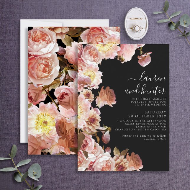 Invitación Moderno Moody Rubor Boda floral con guión rosa (Subido por el creador)