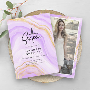Invitación Moderno Morado Ombre Marble Foto Dulce 16
