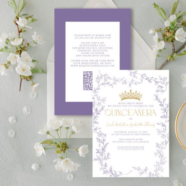 Invitación Moderno Morado Oro Botánico Floral QR Quinceañera (Subido por el creador)