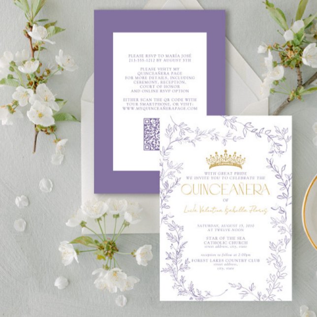 Invitación Moderno Morado Oro Botánico Floral QR Quinceañera (Subido por el creador)