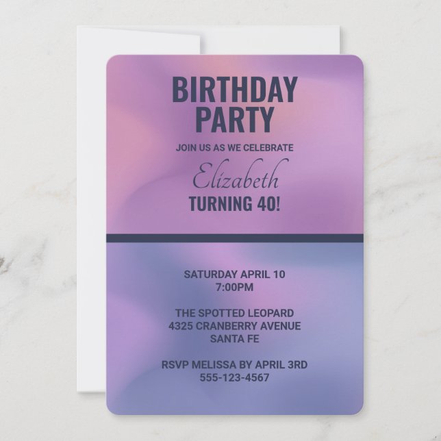 Invitación Moderno Morado y Bañón Rosado Resumen Cumpleaños (Anverso)